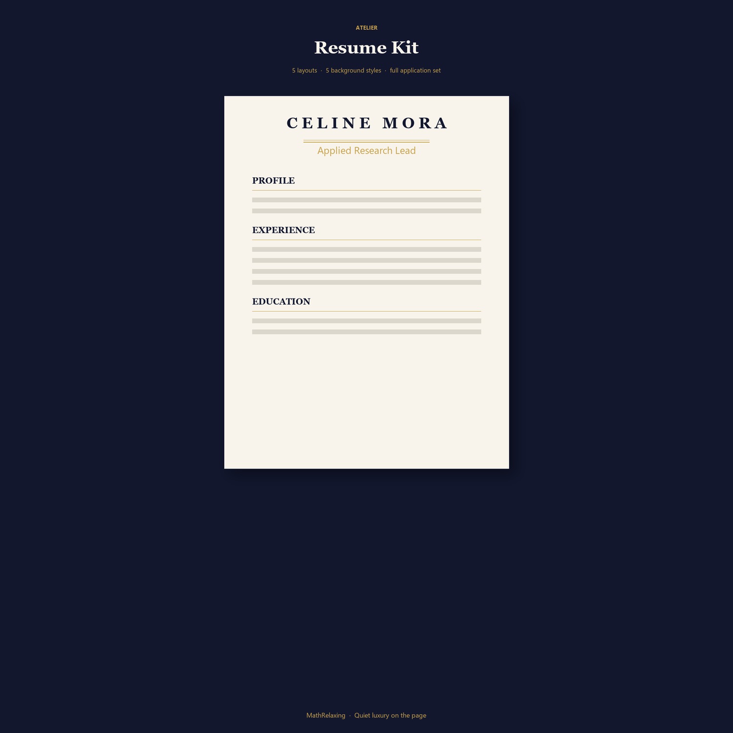 Atelier Resume Kit — 5 Layouts + Full Application Set