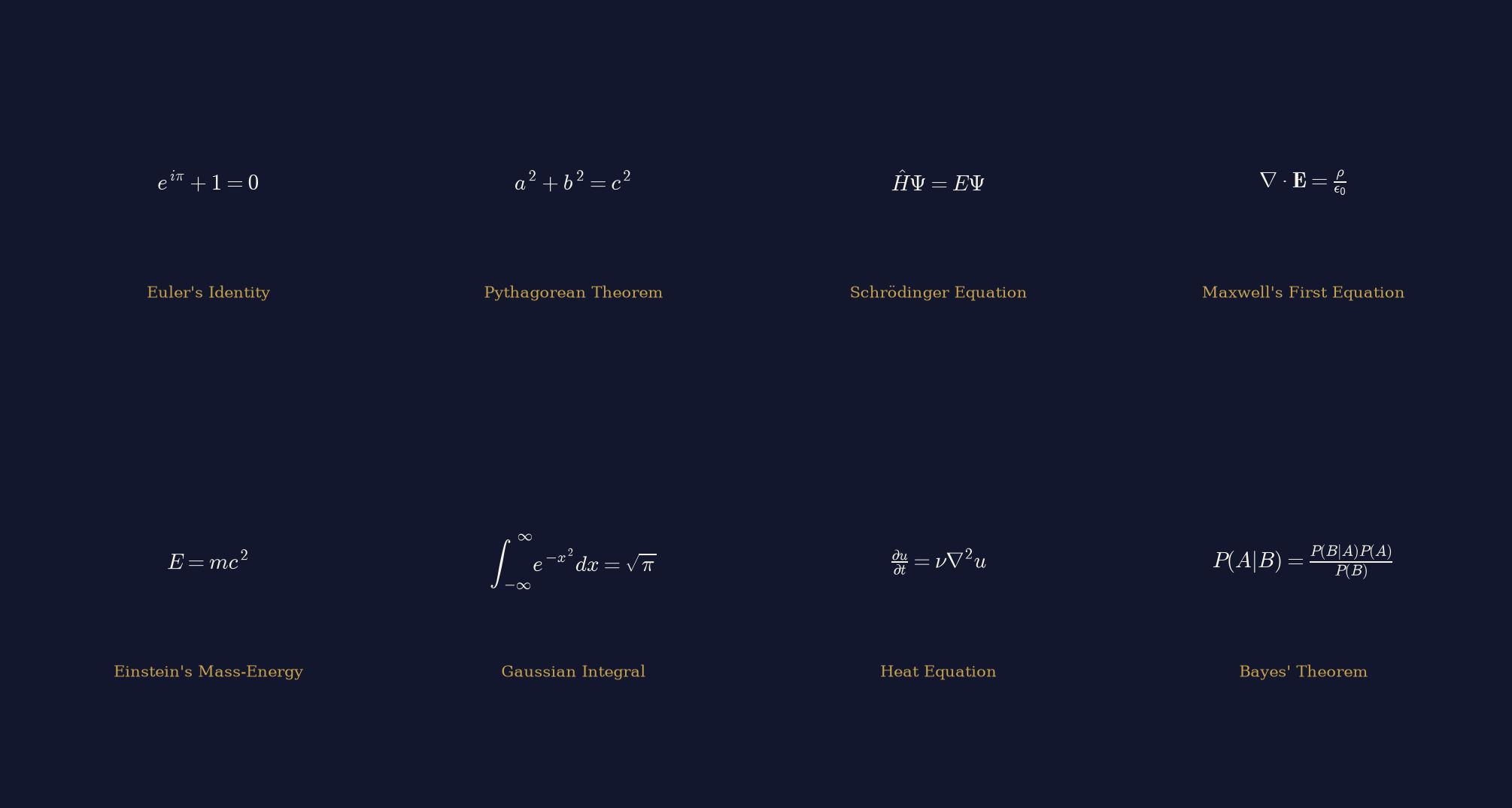 Beautiful Equations Print Set — 8 Navy & Gold LaTeX Posters