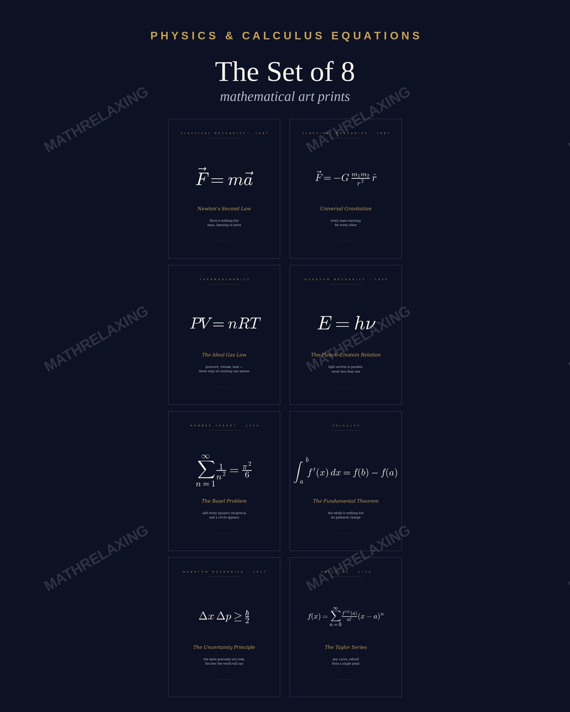 Physics & Calculus Equation Art Prints — Set of 8